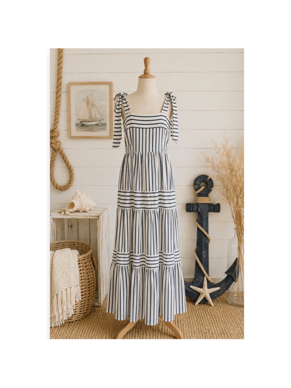 A Loves A nautical Striped Navy and White Maxi Dress with Tie Straps. Size sm
